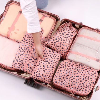 6PCS Pink Leopard Portable Travel Organizer Storage Bags Suitcases Organizer